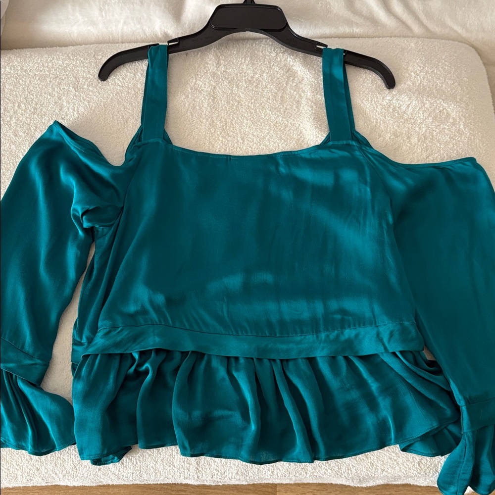 Maeve Teal Buttoned Ruffle Blouse - Picture 3 of 6